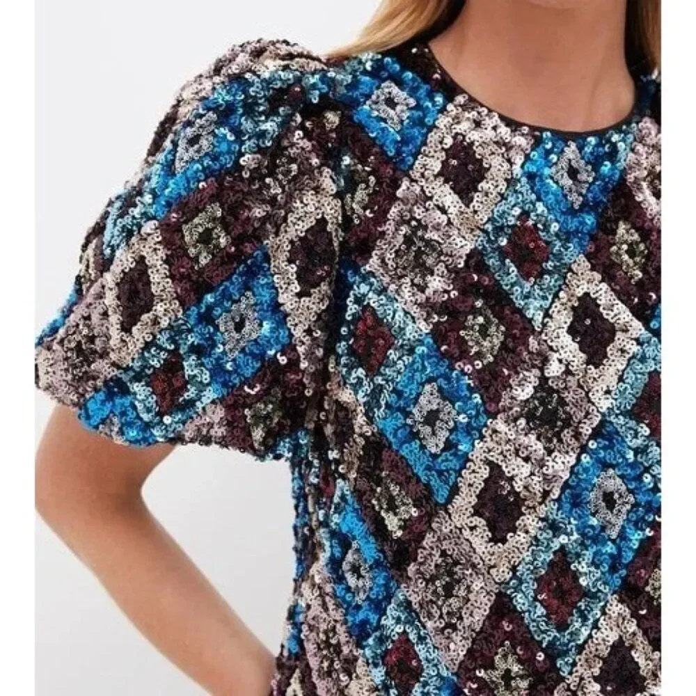 Nwt - Tuckernuck -‎ S - Pomander Place Multi Sequin Jada Blouse Blue